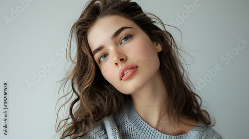 Pretty joyfully female with fair hair, dressed casually, looking at camera. Studio shot of good-looking beautiful woman isolated against blank studio wall.