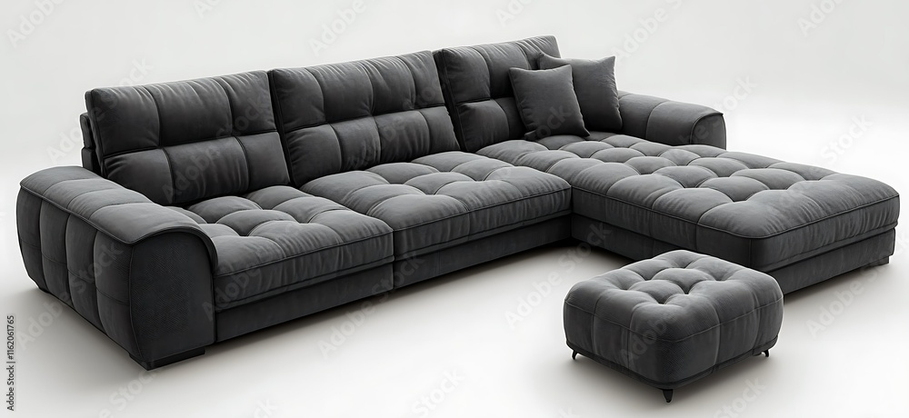 Fototapeta premium Modern gray sectional sofa with tufted cushions and ottoman.