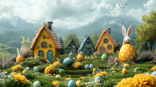 Bunny playing with easter eggs