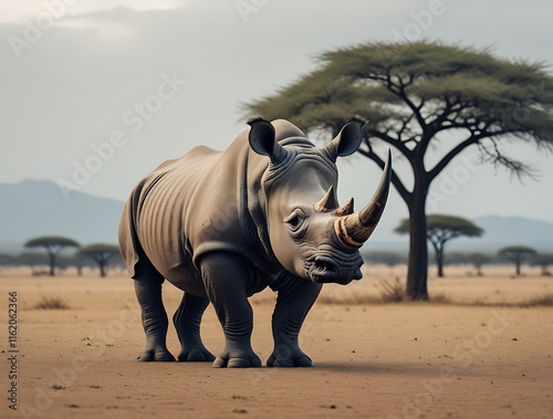 
Majestic rhinoceros standing tall in the African savannah, showcasing its powerful horn against a backdrop of acacia trees and open plains, symbolizing wildlife conservation and natural beauty in Afr photo