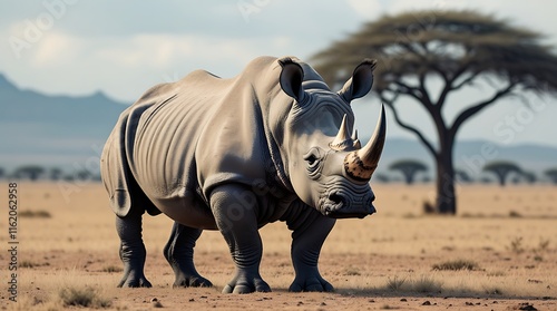 
Majestic rhinoceros standing tall in the African savannah, showcasing its powerful horn against a backdrop of acacia trees and open plains, symbolizing wildlife conservation and natural beauty in Afr photo