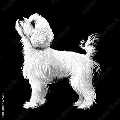 Fluffy white dog silhouette, black background