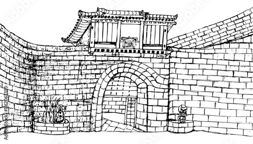 A hand-drawn doodle of the walls of Shuri Castle in Okinawa, Japan photo