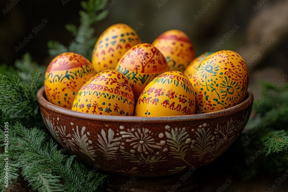 Decorative yellow eggs with intricate patterns displayed in a rustic bowl surrounded by greenery Decorative yellow eggs with intricate patterns displayed in a rustic bowl surrounded by greenery
