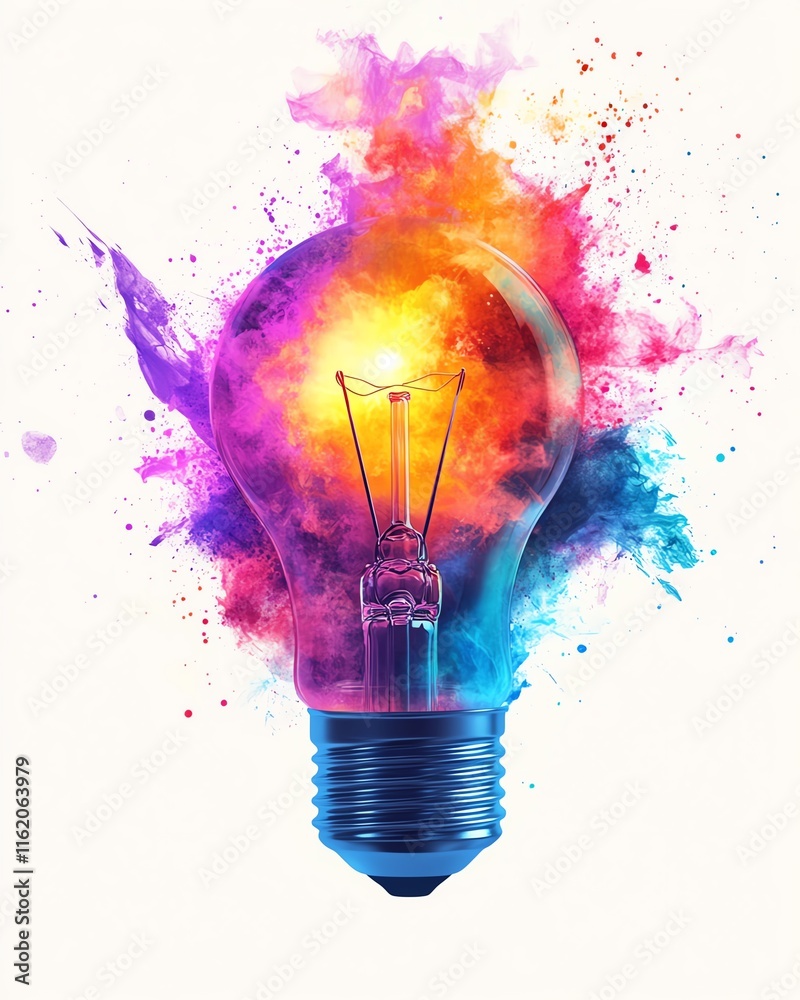 Lightbulb with an energetic explosion of colorful paint on a white background, highlighting innovation, diversity, and the transformative power of generative AI Lightbulb with an energetic explosion of colorful paint on a white background, highlighting innovation, diversity, and the transformative power of generative AI