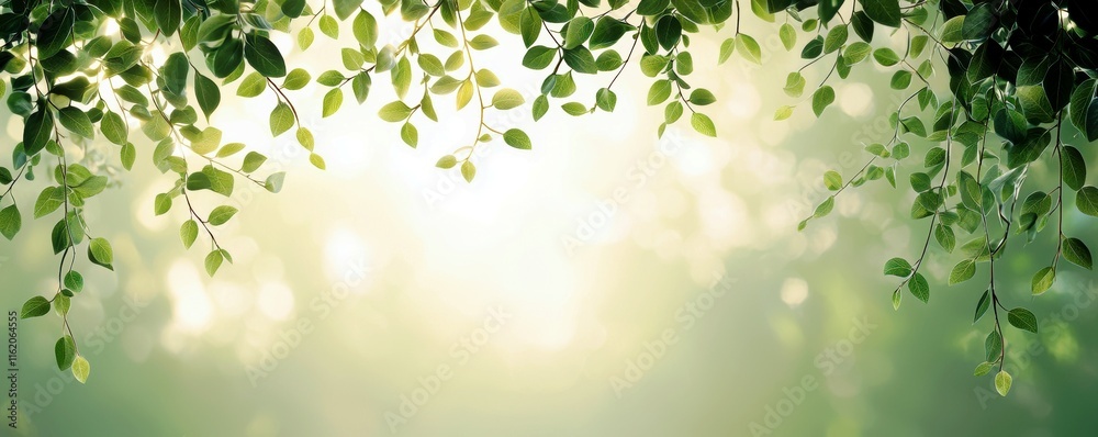 Lush Green Leaves Gently Hanging Over Soft Blurred Background with Warm Light Creating a Serene and Tranquil Atmosphere for Nature Lovers Lush Green Leaves Gently Hanging Over Soft Blurred Background with Warm Light Creating a Serene and Tranquil Atmosphere for Nature Lovers