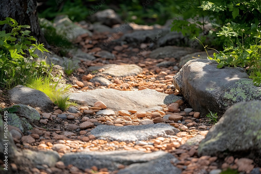 Minimalist photo of a dry streambed with uneven rocks and green plants in a forest setting Minimalist photo of a dry streambed with uneven rocks and green plants in a forest setting