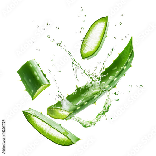 Fresh aloe vera leaves splashing in aloe vera juice isolated transparent background