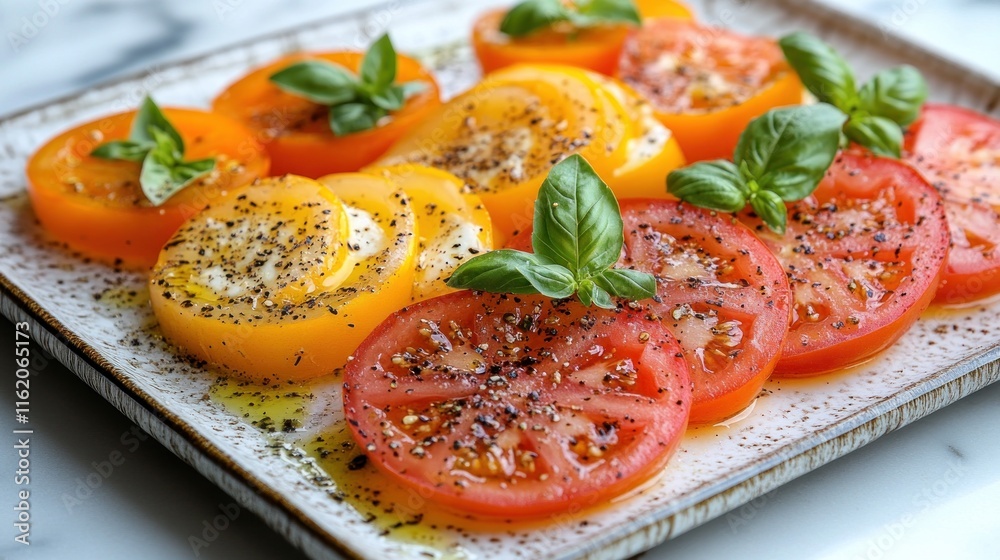 Sliced heirloom tomatoes with basil and seasoning.