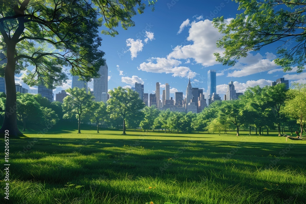 City park under blue sky with Downtown Skyline in the Background City park under blue sky with Downtown Skyline in the Background