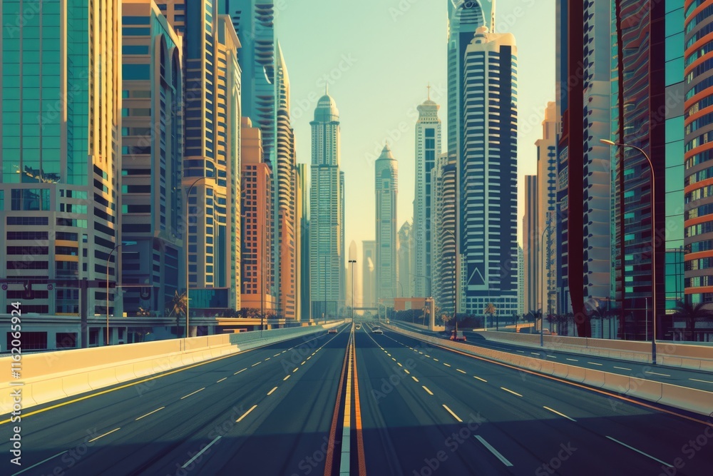 Obraz premium Retro Dubai cityscape with skyscrapers and modern urban view.