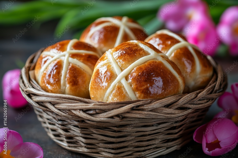 Freshly baked hot cross buns in a woven basket surrounded by vibrant flowers Freshly baked hot cross buns in a woven basket surrounded by vibrant flowers