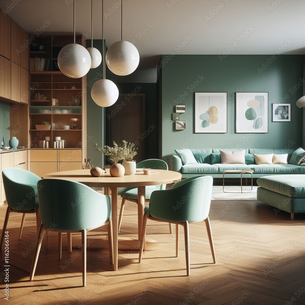 Modern living room with blue sofa and wooden furniture Modern living room with blue sofa and wooden furniture