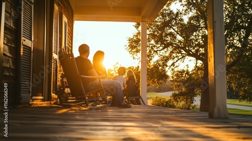 A family sitting on their porch, enjoying a quiet moment together as they watch the sunset.