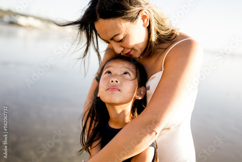 Sweet Mother & Daughter Portrait on Beach at Sunset in San Diego photo