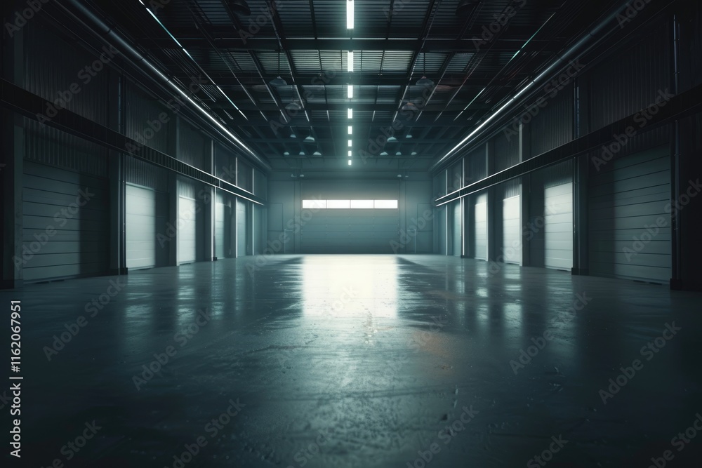 Modern empty dark storehouse with light at the end Modern empty dark storehouse with light at the end