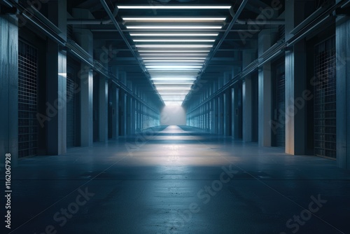 Modern empty dark storehouse with light at the end