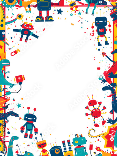A delightful border design with robots and dinosaurs, ideal for childrens projects, invitations, or educational materials. The bright and fun theme brings a lively touch