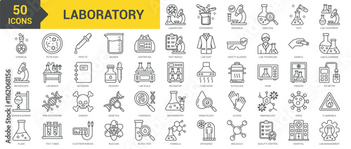 Laboratory icon collection set. Containing experiment, research, formula, analysis, test, equipment, chemical, microscope, bunsen burner, flask, petri dish, pipette, beaker icon. Simple line vector