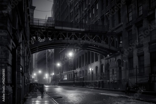 Moody monochrome view of Staple street skybridge by night  in Tribeca  New York City