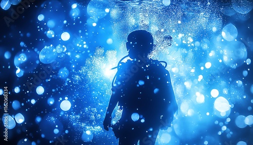 A silhouette of a scuba diver amidst glowing bubbles and brilliant blue light, revealing the mysterious allure of the underwater world