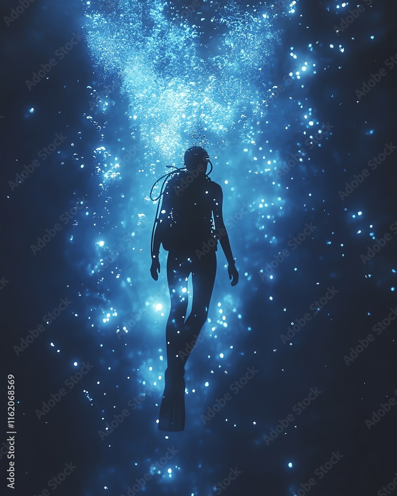 A solitary scuba diver in shadow surrounded by glowing bubbles, bathed in soft blue light, a serene underwater adventure A solitary scuba diver in shadow surrounded by glowing bubbles, bathed in soft blue light, a serene underwater adventure