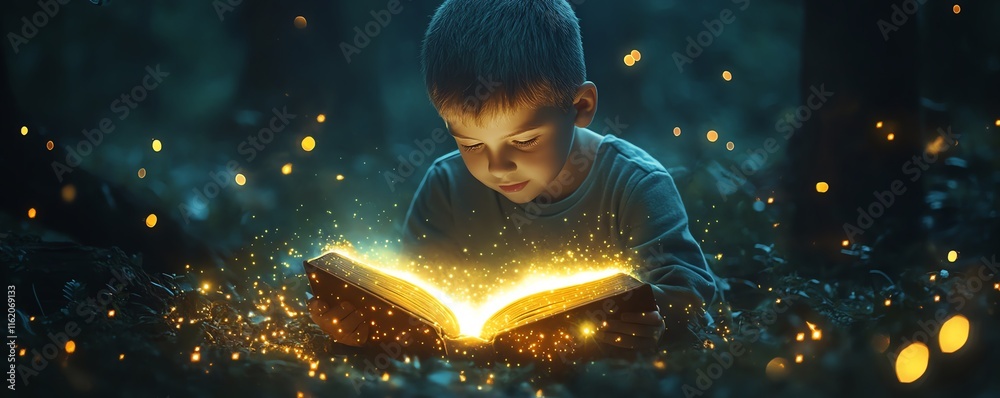 Fototapeta premium A young boy engrossed in a glowing magical book, surrounded by sparkling fireflies in a dark forest, radiating imagination and wonder