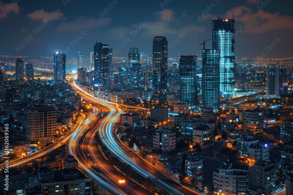 Fototapeta premium Panorama Of Tel Aviv City And Ayalon Freeway At Night View of Tel Aviv at night.