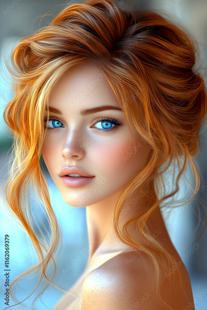 Obraz premium A woman with long red hair and blue eyes. She has a light pink blush on her cheeks
