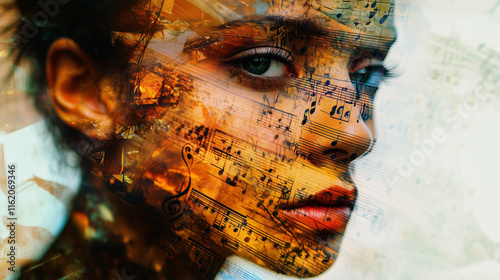 Double exposure of a woman's face with notes and musical imagery, filled with art photo