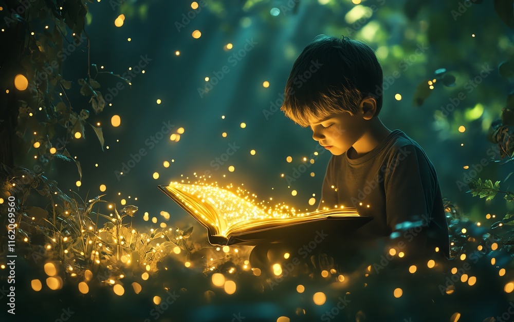 Fototapeta premium Dark forest alive with fireflies as a boy reads a glowing book, the light casting an aura of magic and imagination