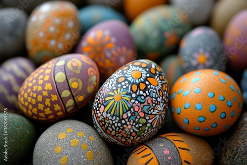 Colorful decorated eggs arranged together for festive celebration during spring season photo