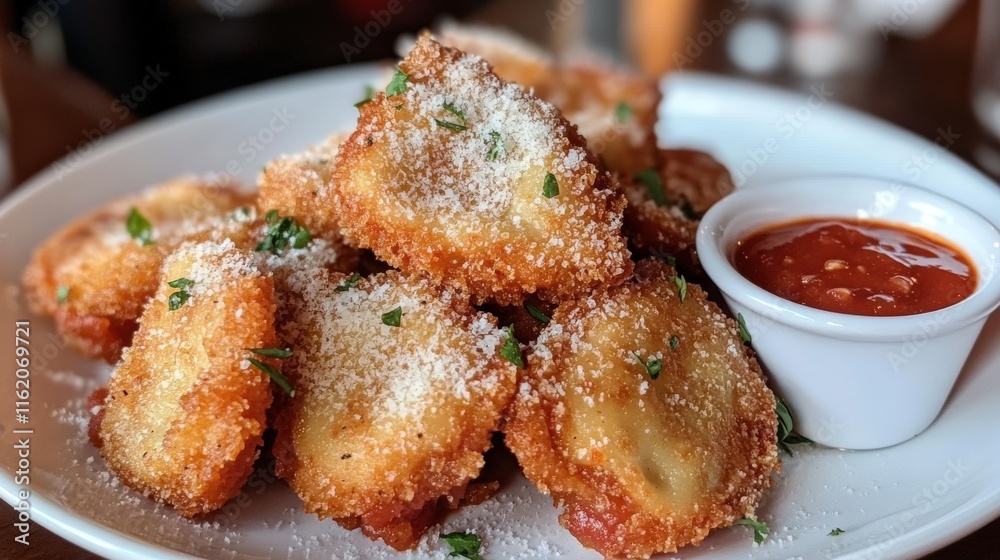 Fried Ravioli Dish With Parmesan And Marinara Sauce Fried Ravioli Dish With Parmesan And Marinara Sauce