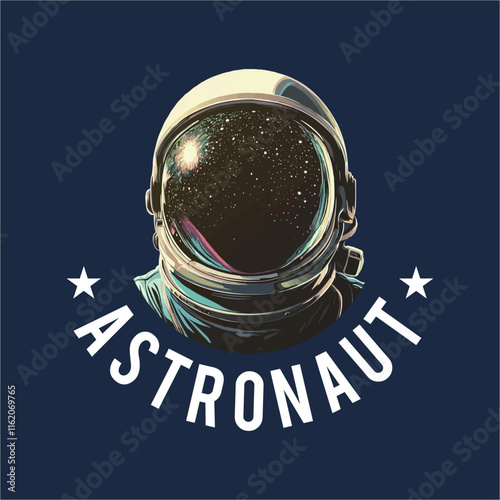 Astronaut helmet with starry night sky reflection illustration.