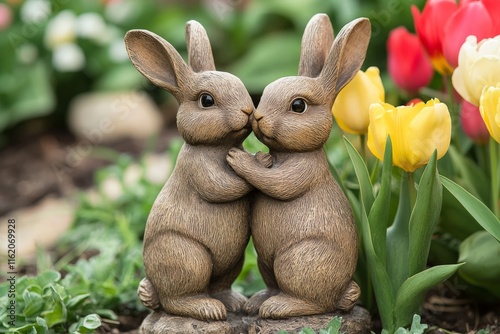 Cute rabbit figurines share a loving moment in a vibrant flower garden amidst blooming tulips and greenery photo