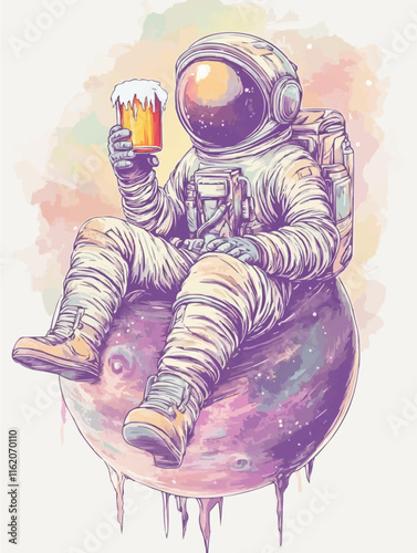 Artistic depiction of an astronaut enjoying a beer in space.
