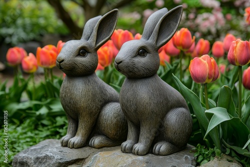 Two decorative rabbit sculptures sitting among blooming tulips in a vibrant garden setting photo