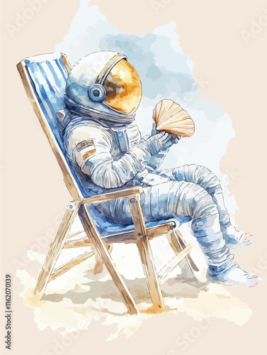 Illustration of astronaut relax on beach chair. Summer vacation and adventure concept. T-shirt design template. Clothing design.