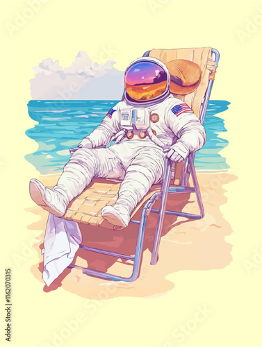 Illustration of astronaut relax on beach chair. Summer vacation and adventure concept. T-shirt design template. Clothing design.