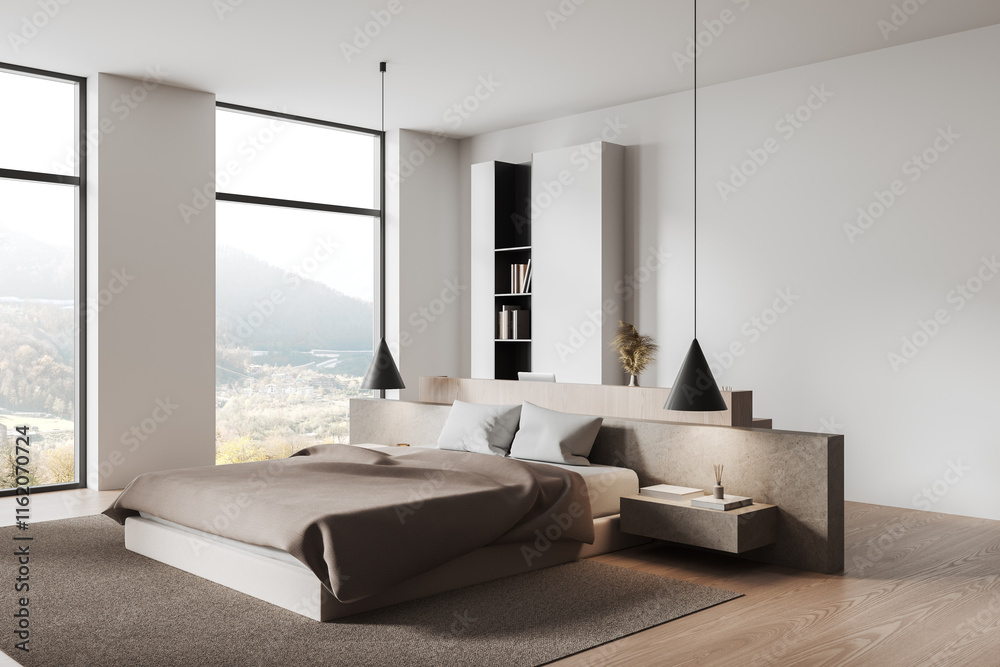 Minimalist modern bedroom with a cozy bed, pendant lights, and large windows overlooking a scenic landscape in natural tones. 3D Rendering Minimalist modern bedroom with a cozy bed, pendant lights, and large windows overlooking a scenic landscape in natural tones. 3D Rendering