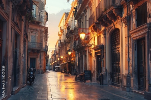 Syracuse  Italy cityscape and street scene at twilight.