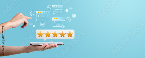 Customer review concept with star ratings and feedback icons on a blue background.