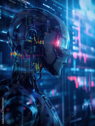 Artificial intellingence trading concept with robot silhouette at blue background and forex chart data with financial graphs inside. Double exposure. 3D rendering photo