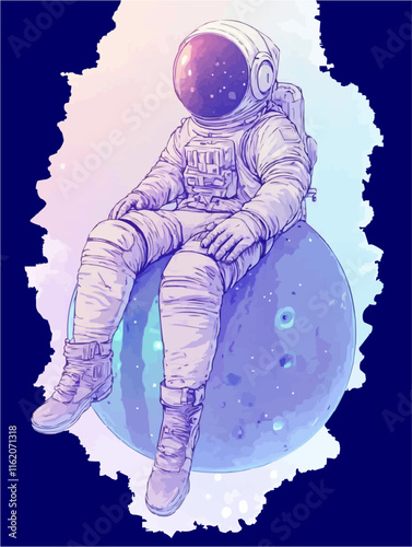 Astronaut sitting on the moon with a contemplative expression.