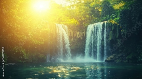 A hidden tropical waterfall deep in the jungle, with mist rising from the water and sunlight breaking through the trees.