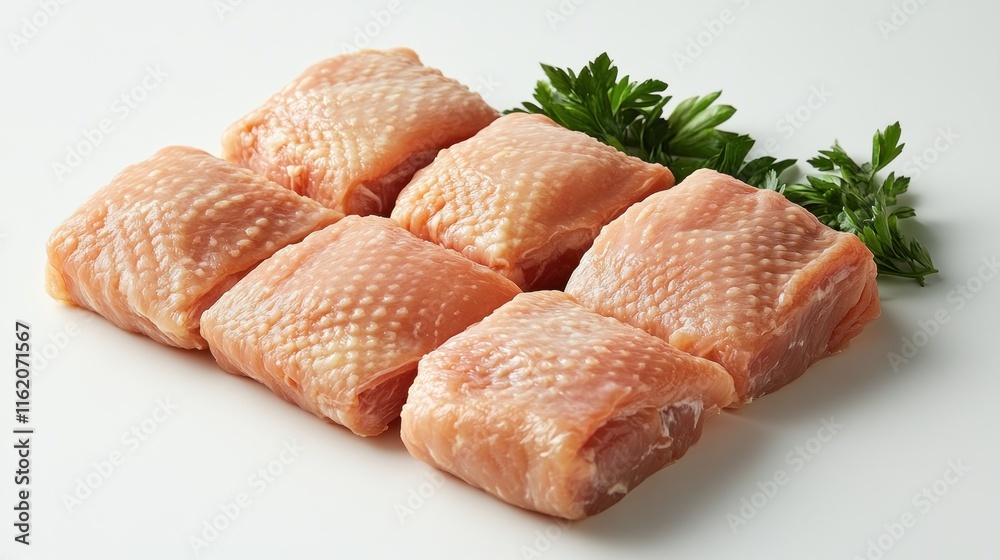 Six raw chicken thighs, skin-on, arranged on white background with parsley. Six raw chicken thighs, skin-on, arranged on white background with parsley.