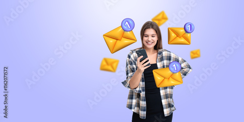 Woman smiling while checking email notifications on her phone, s photo