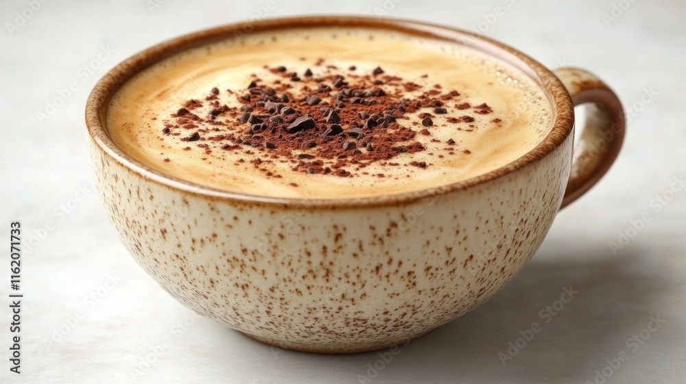 Creamy cappuccino in speckled mug topped with cocoa powder. Creamy cappuccino in speckled mug topped with cocoa powder.