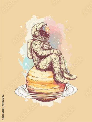 Astronaut sitting on a planet with a ring system in space.