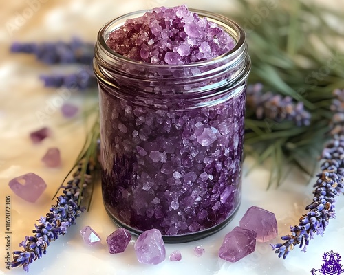 A jar of purple bath salts with lavender sprigs and crystals scattered around it, arranged beautifully on a soft textured surface, perfect for a spa retreat